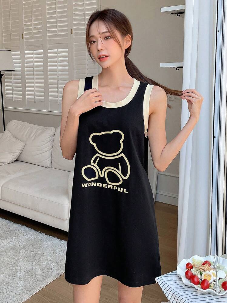 DAZY Bear & Letter Graphic Contrast Binding Tank Dress Pajama - Black - View 7