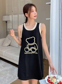 DAZY 熊和字母圖案撞色滾邊背心連衣裙