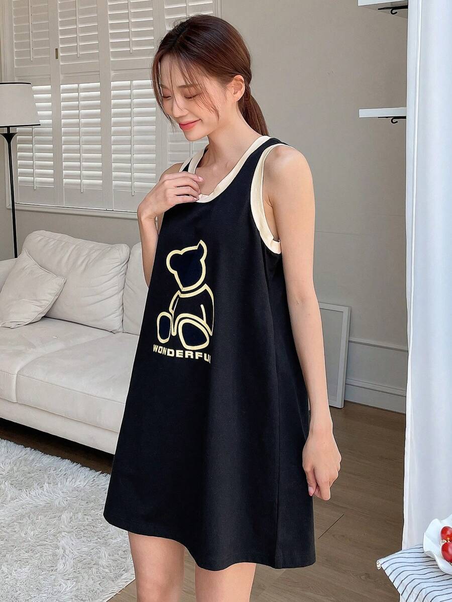 DAZY 熊和字母圖案撞色滾邊背心連衣裙
