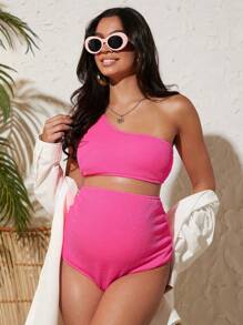 SHEIN 孕妇单肩高腰比基尼套装夏季海滩 - 粉色 - 查看 5