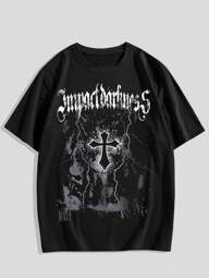 ROMWE MEN Goth Men Cross Letter Graphic Tee For Halloween, School, 2000s Style