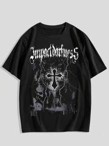 ROMWE MEN Goth 男士十字字母图案T恤，适合万圣节、学校、2000年代风格 - 黑色 - 查看 1