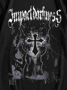 ROMWE MEN Goth 男士十字字母图案T恤，适合万圣节、学校、2000年代风格 - 黑色 - 查看 5