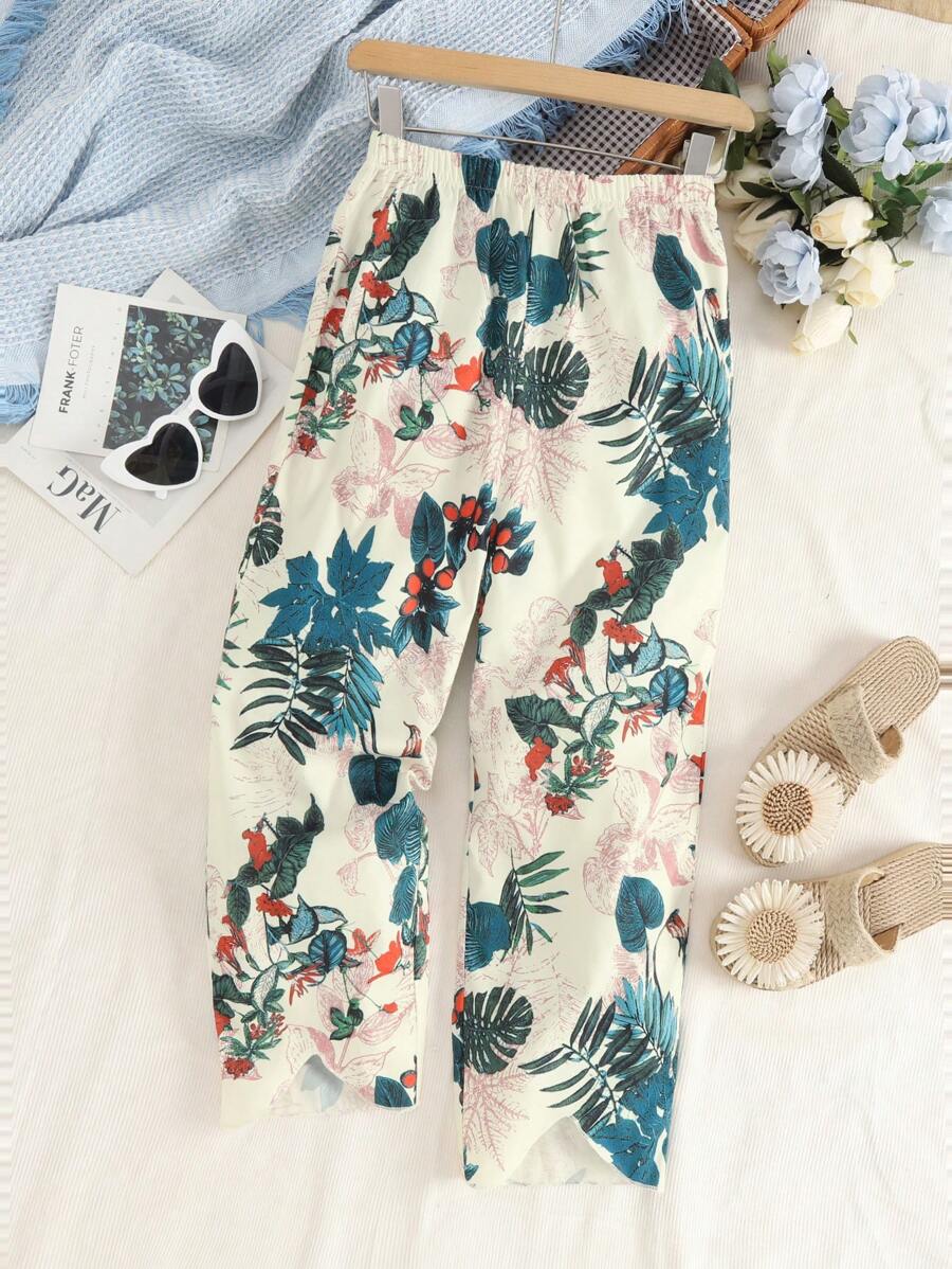 SHEIN Teen Girls Tropical Print Straight Leg Trousers - Apricot - View 1