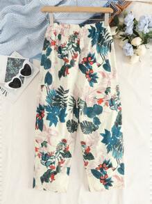 SHEIN Teen Girls Tropical Print Straight Leg Trousers - Apricot - View 2