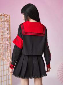 ROMWE J-Fashion 花卉圖案和愛心圖案水手領襯衫 - 黑色 - 查看 2