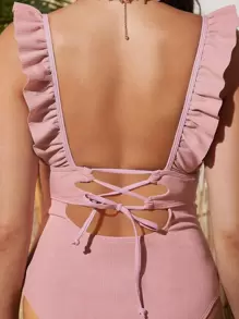 SHEIN Summer Maternity Ruffle Trim Ruched One Piece Swimsuit, Maternity Bathing Suit - Dusty Pink - View 5