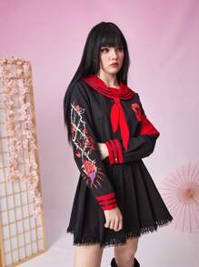 ROMWE J-Fashion 花卉圖案和愛心圖案水手領襯衫 - 黑色 - 查看 5