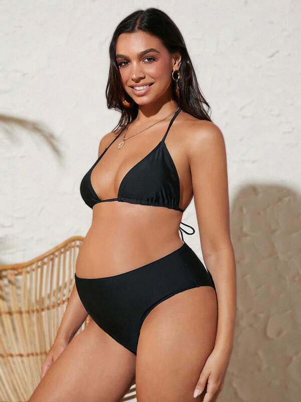 SHEIN Maternity Halter Triangle Bikini Swimsuit With Cover Up SHEIN USA