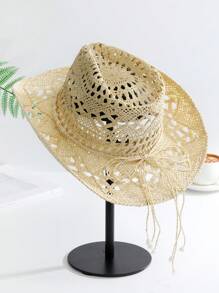 Mũ Rơm Rỗng Boho - Màu be - Xem 3