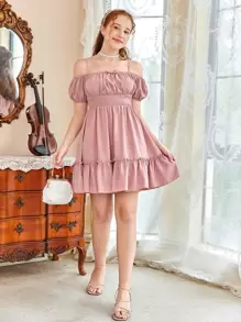 SHEIN Teen Girls Cold Shoulder Ruched Bust Ruffle Hem Dress - Dusty Pink - View 5