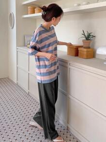 DAZY Striped Print Drop Shoulder Tee & Pants Lounge Set Pajama - Multicolor - View 4