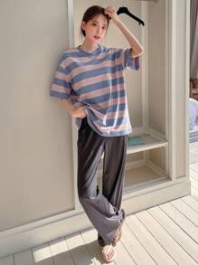 DAZY Striped Print Drop Shoulder Tee & Pants Lounge Set Pajama - Multicolor - View 6