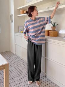 DAZY Striped Print Drop Shoulder Tee & Pants Lounge Set Pajama - Multicolor - View 8