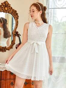 SHEIN Trang phục tiệc cho cô gái Thắt lưng Tương phản ren Tương phản Mesh màu trơn Buổi tiệc - trắng - Xem 2