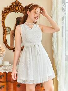 SHEIN Trang phục tiệc cho cô gái Thắt lưng Tương phản ren Tương phản Mesh màu trơn Buổi tiệc - trắng - Xem 4