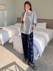 DAZY 素色落肩T恤和格紋長褲休閒服套裝 - 彩色 - 查看 1