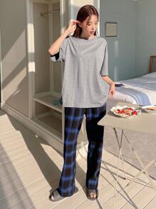 DAZY 素色落肩T恤和格紋長褲休閒服套裝 - 彩色 - 查看 3
