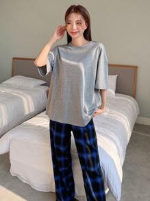 DAZY 素色落肩T恤和格紋長褲休閒服套裝 - 彩色 - 查看 7