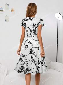 HOMEYEE Floral Print Hidden Pocket Dress