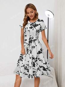 HOMEYEE Floral Print Hidden Pocket Dress