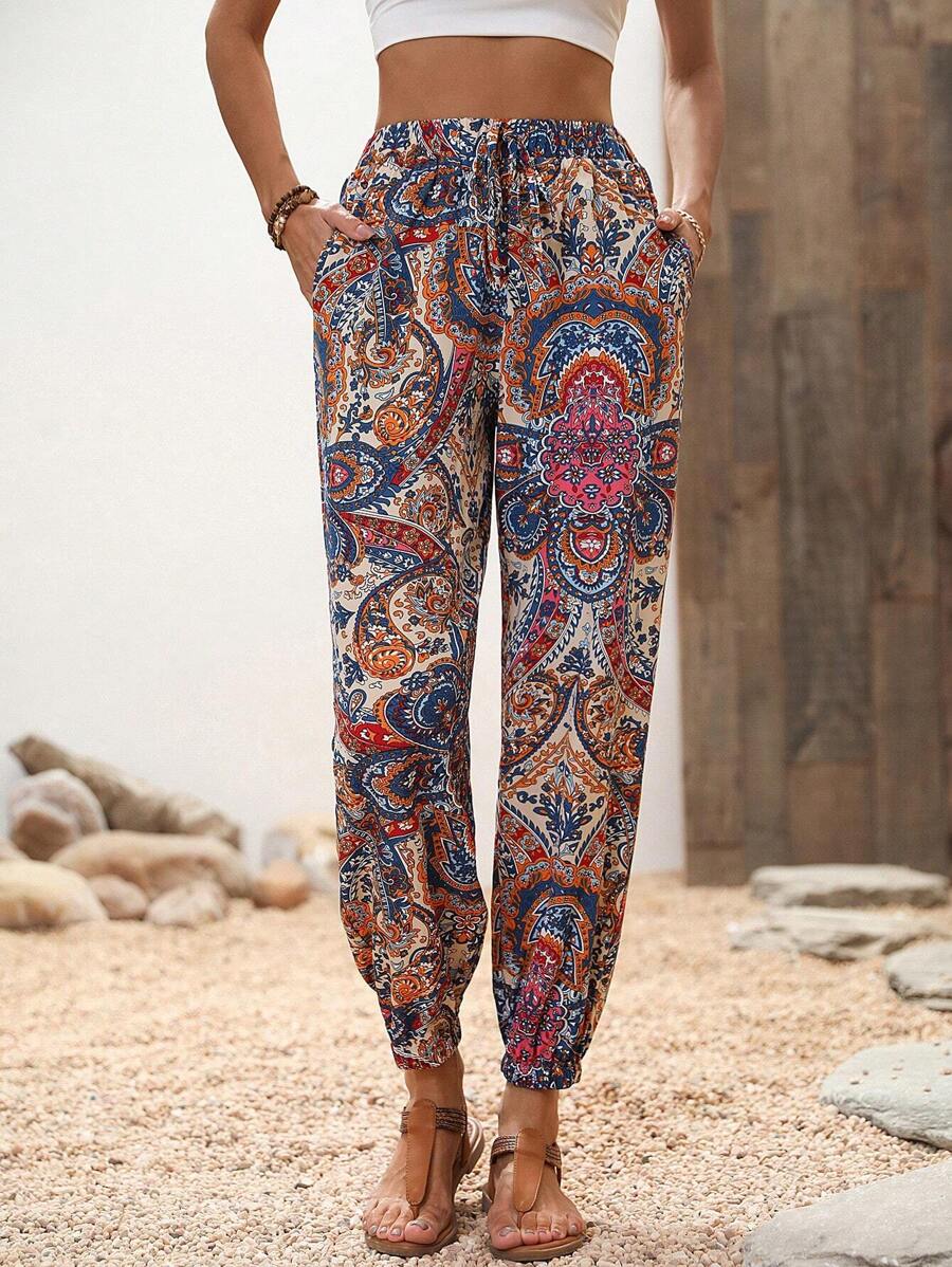 SHEIN VCAY 佩斯利印花腰上打結長褲 - 白色 - 查看 1