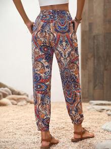 SHEIN VCAY 佩斯利印花腰上打結長褲 - 白色 - 查看 2