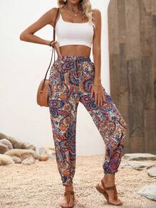 SHEIN VCAY 佩斯利印花腰上打結長褲 - 白色 - 查看 4