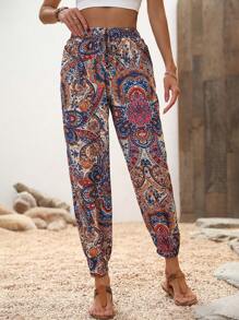 SHEIN VCAY 佩斯利印花腰上打結長褲 - 白色 - 查看 5