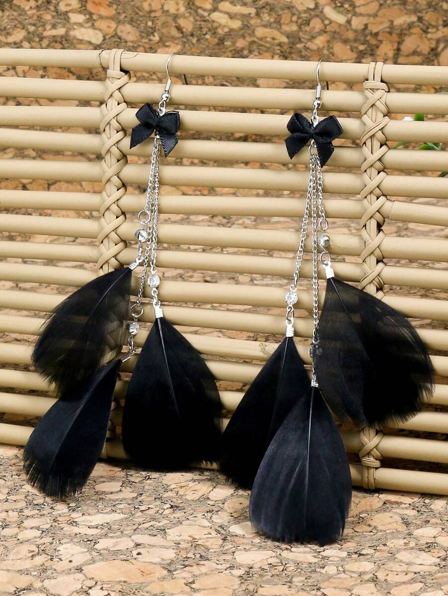 1 đôi Bông tai nữ tua rua dài bằng bạc theo phong cách Bohemian, thích hợp cho bốn mùa & cuộc sống hàng ngày & công việc & biểu diễn trên sân khấu & phụ kiện trang phục chụp ảnh đường phố - màu đen - Xem 1