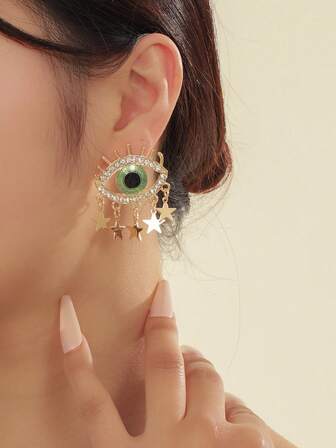 2 piezas Pendientes largos moda con diamante de imitación ojo & con estrella para mujeres para decoración diaria