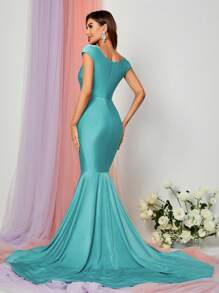 雞心領口魚尾裙下擺緞面正式連衣裙 - 青碧色 - 查看 2