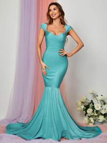 雞心領口魚尾裙下擺緞面正式連衣裙 - 青碧色 - 查看 4