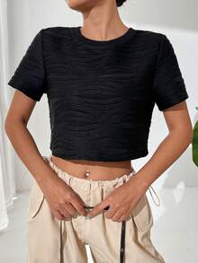 SHEIN EZwear Áo thun nữ màu trơn Giải trí - màu đen - Xem 4