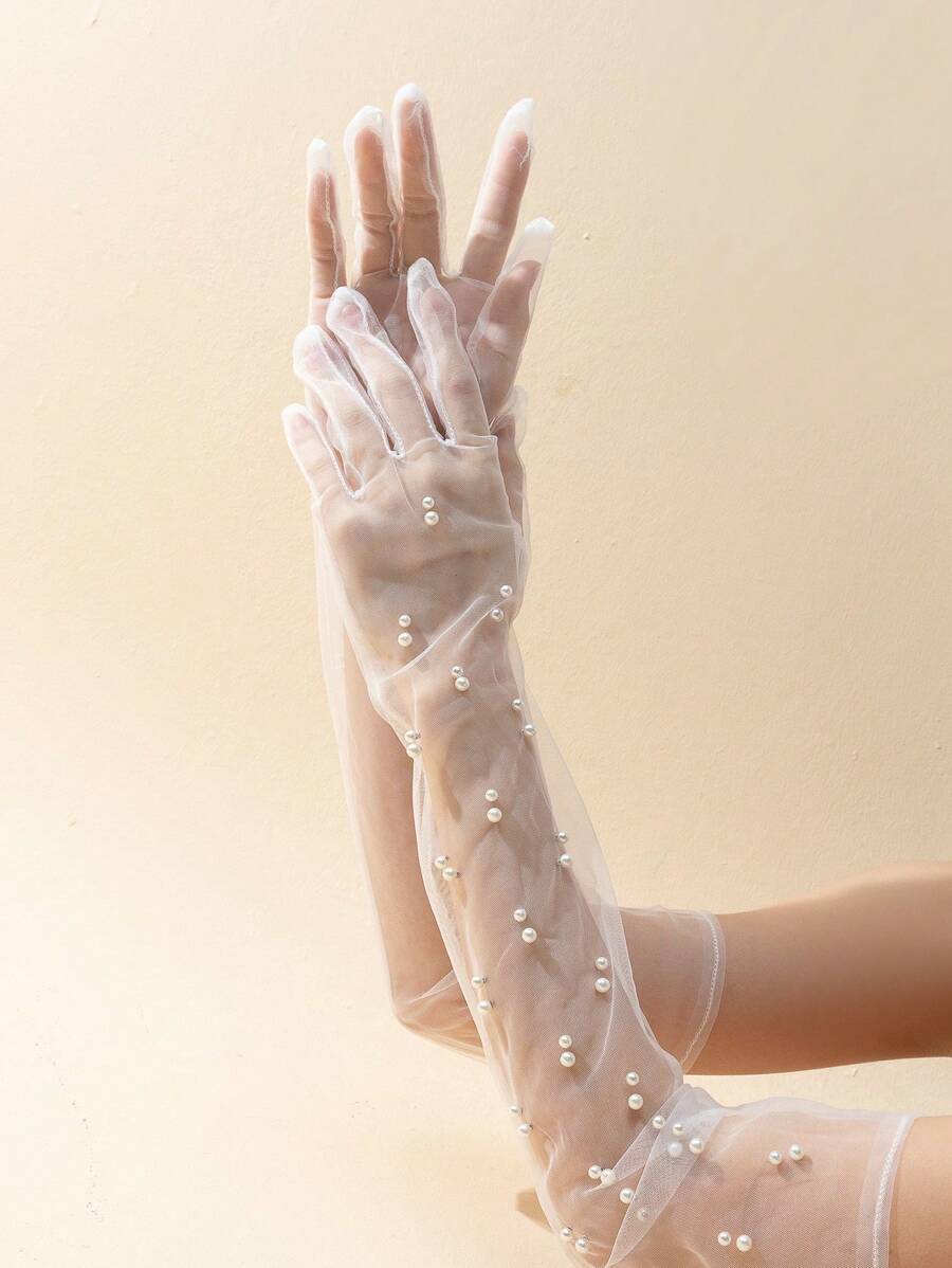 1 Đôi Nữ Trang Trí Ngọc Trai Giả Găng Tay Thời Trang Dự Tiệc - trắng - Xem 1