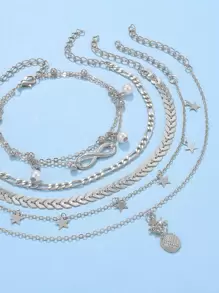5-Layer Pineapple & Star Charm Anklet Set, Layered Fashion Personalized Summer Versatile Jewelry For Women, Suitable For Beach Outings (Random Number Of Star Charms) - Silver - View 3