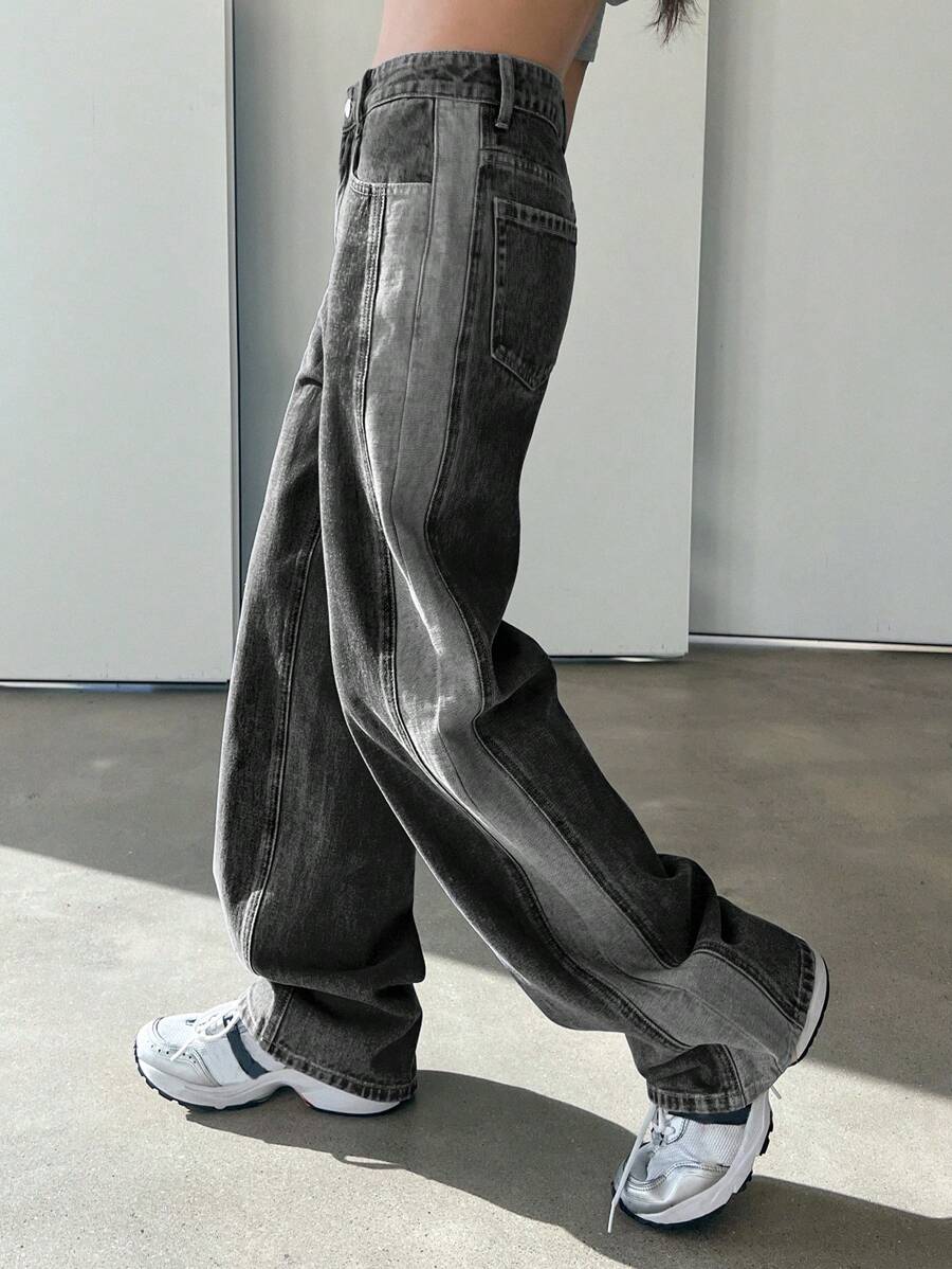 DAZY Colourblock Wide Leg Jeans - Grey - View 1