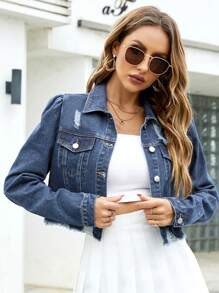 SHEIN Essnce Ripped Raw Hem Denim Jacket - Dark Wash - View 1