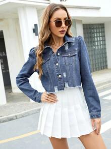SHEIN Essnce Ripped Raw Hem Denim Jacket - Dark Wash - View 4