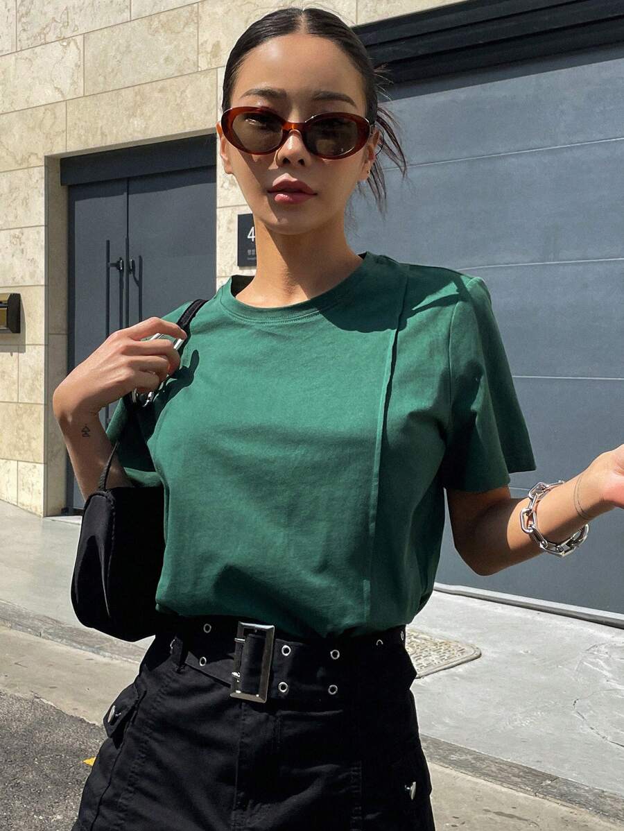 DAZY Solid Seam Detail Tee Easter - Green - View 1