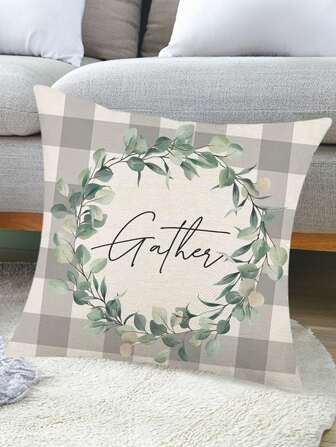1pc Letter & Plant Pattern Cushion Cover Without Filler, Modern Linen Decorative Cushion Cover For Bed, Sofa