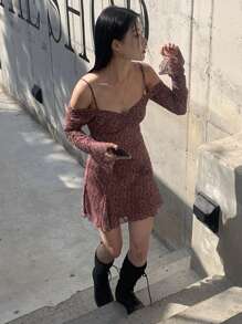 DAZY In Toàn bộ Vai lạnh tay áo lá sen Đầm - Đỏ - Xem 4