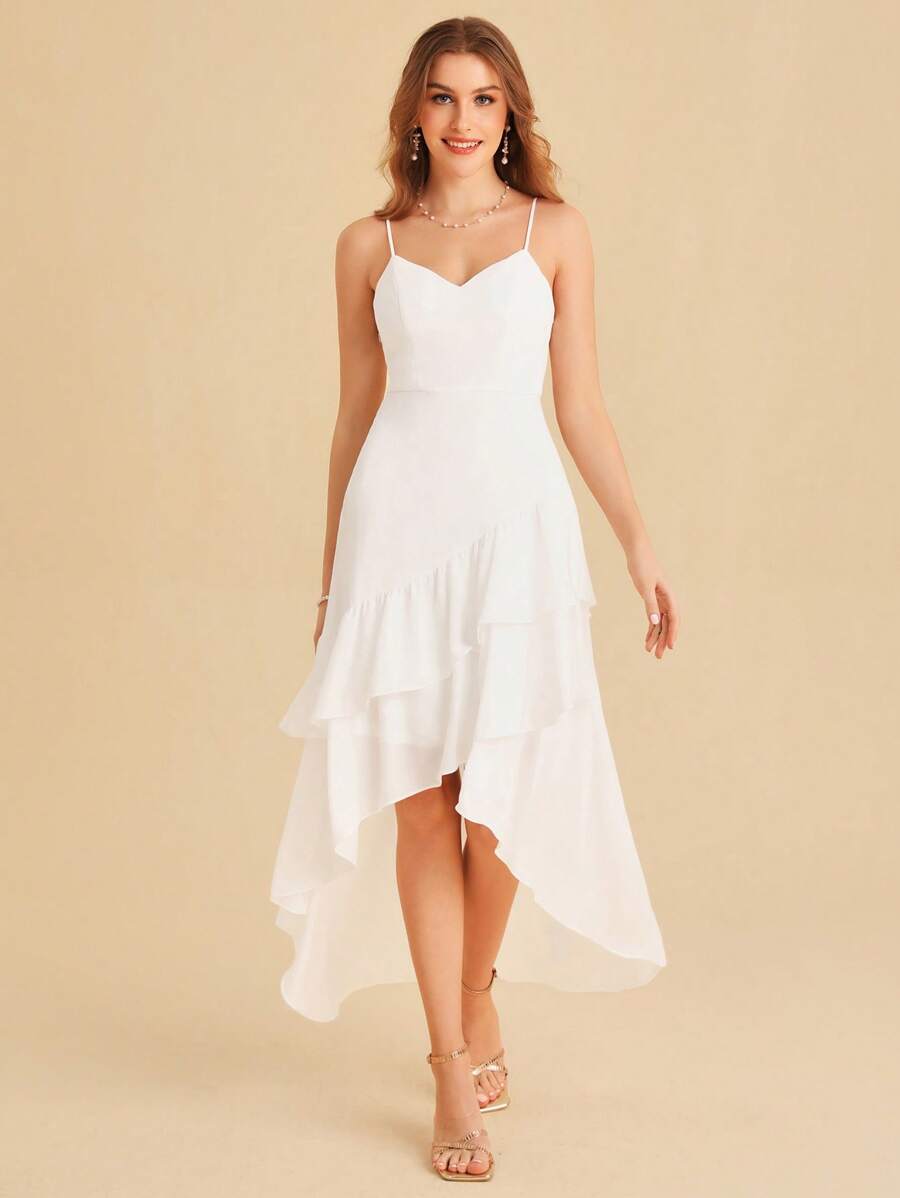 SHEIN Belle Váy cưới Cao thấp phân lớp Dây kéo màu trơn - trắng - Xem 1