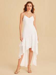 SHEIN Belle Váy cưới Cao thấp phân lớp Dây kéo màu trơn - trắng - Xem 5