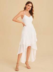 SHEIN Belle Váy cưới Cao thấp phân lớp Dây kéo màu trơn - trắng - Xem 6