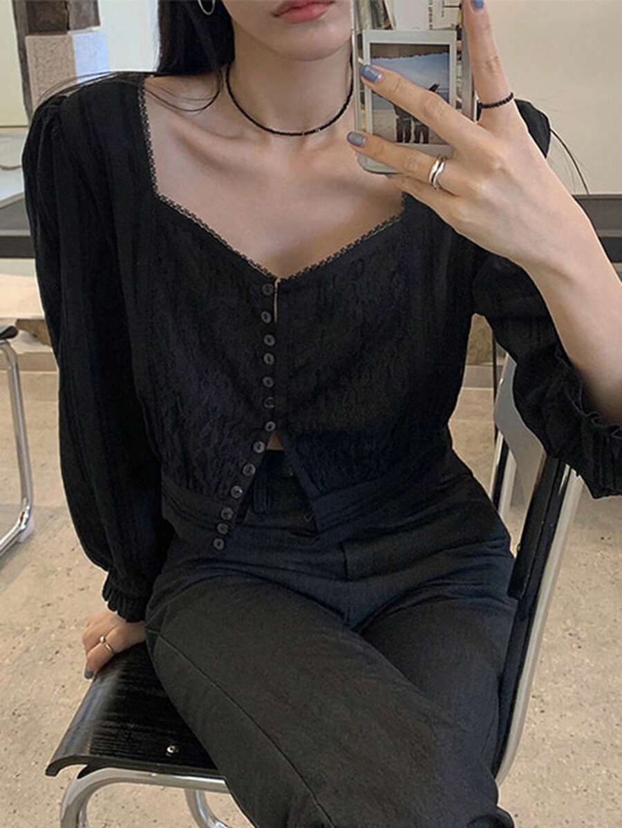 DAZY 素色前排扣短款襯衫 - 黑色 - 查看 1