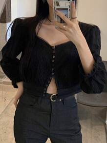 DAZY 素色前排扣短款襯衫 - 黑色 - 查看 6