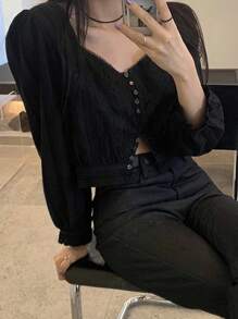 DAZY 素色前排扣短款襯衫 - 黑色 - 查看 8