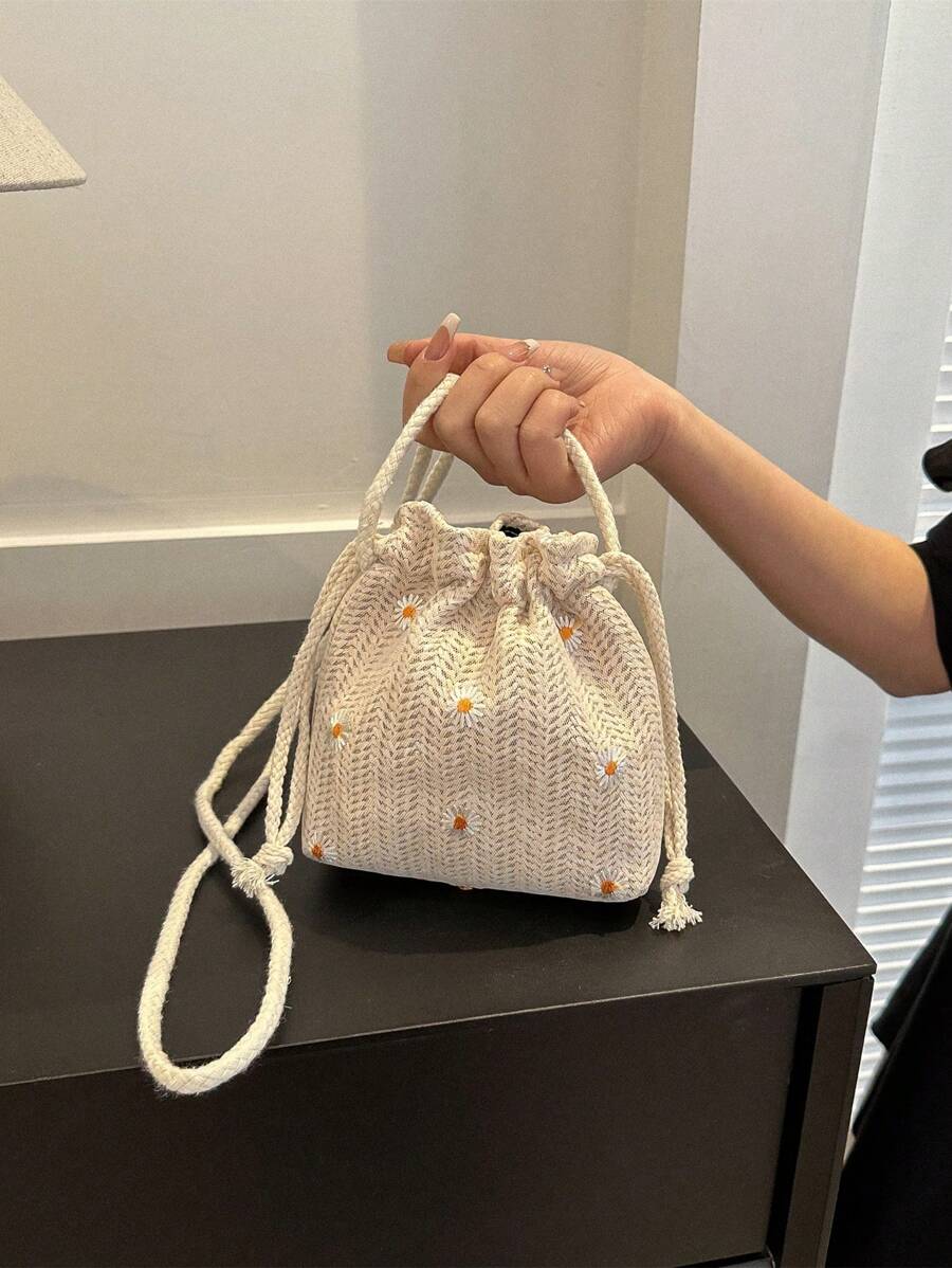 花朵圖案草編包迷你抽繩設計度假 - 米色 - 查看 1