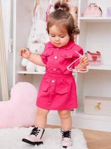 SHEIN 嬰兒女孩翻蓋細節襯衫和裙子 - 玫紅色 - 查看 2